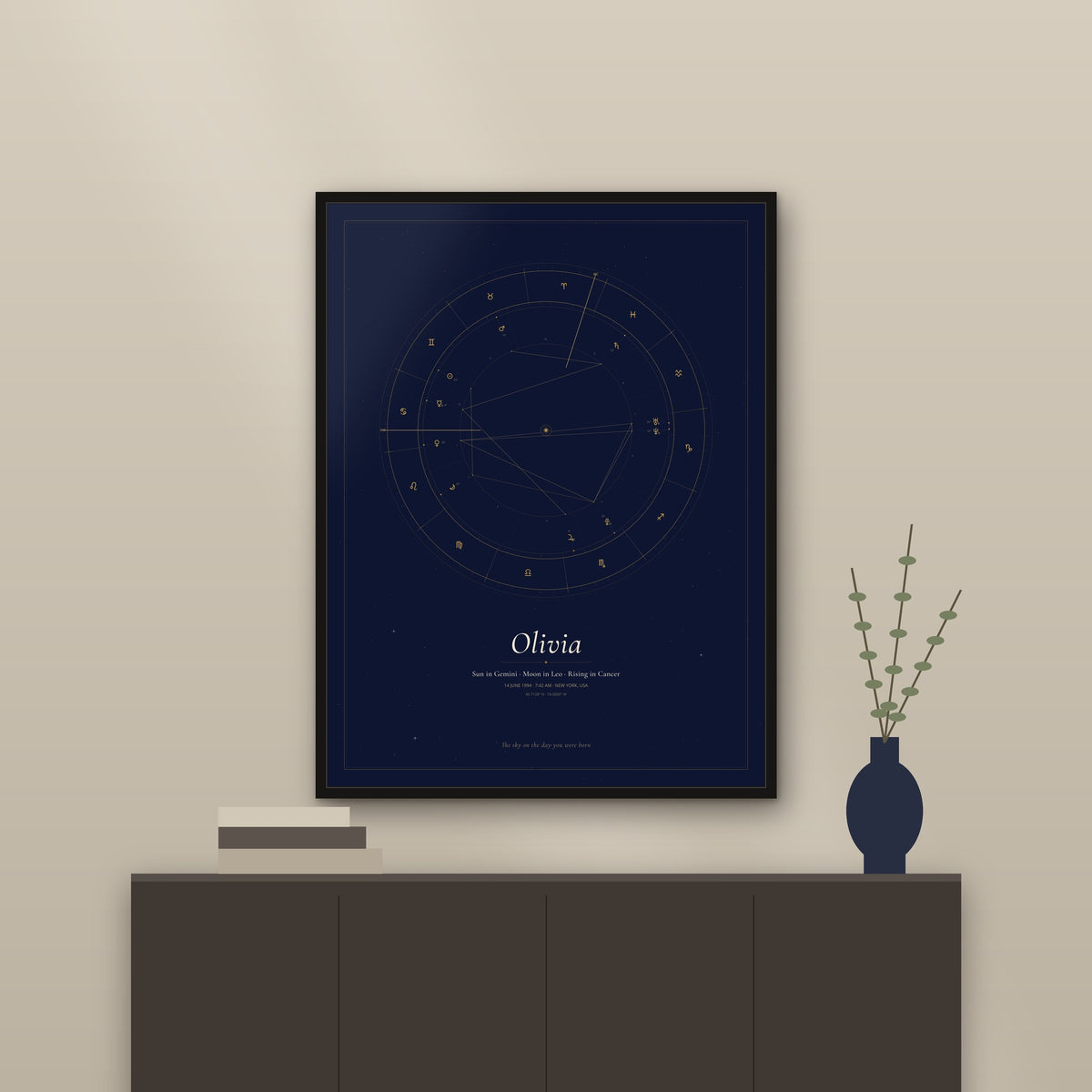 Midnight birth chart poster in a black wood frame above a sideboard