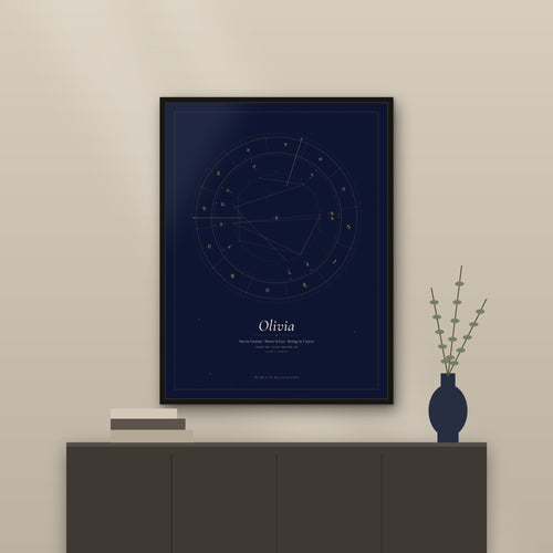 Midnight birth chart poster in a black wood frame above a sideboard