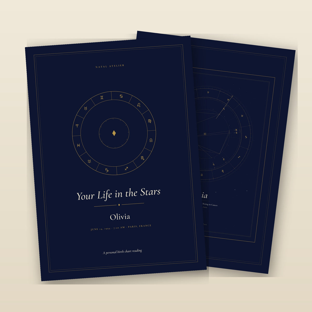 Cover of the personalized birth chart book Your Life in the Stars for Olivia, navy and gold