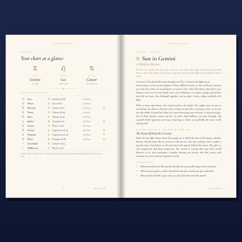 Inside pages of the PDF book showing a birth chart summary and the Sun chapter